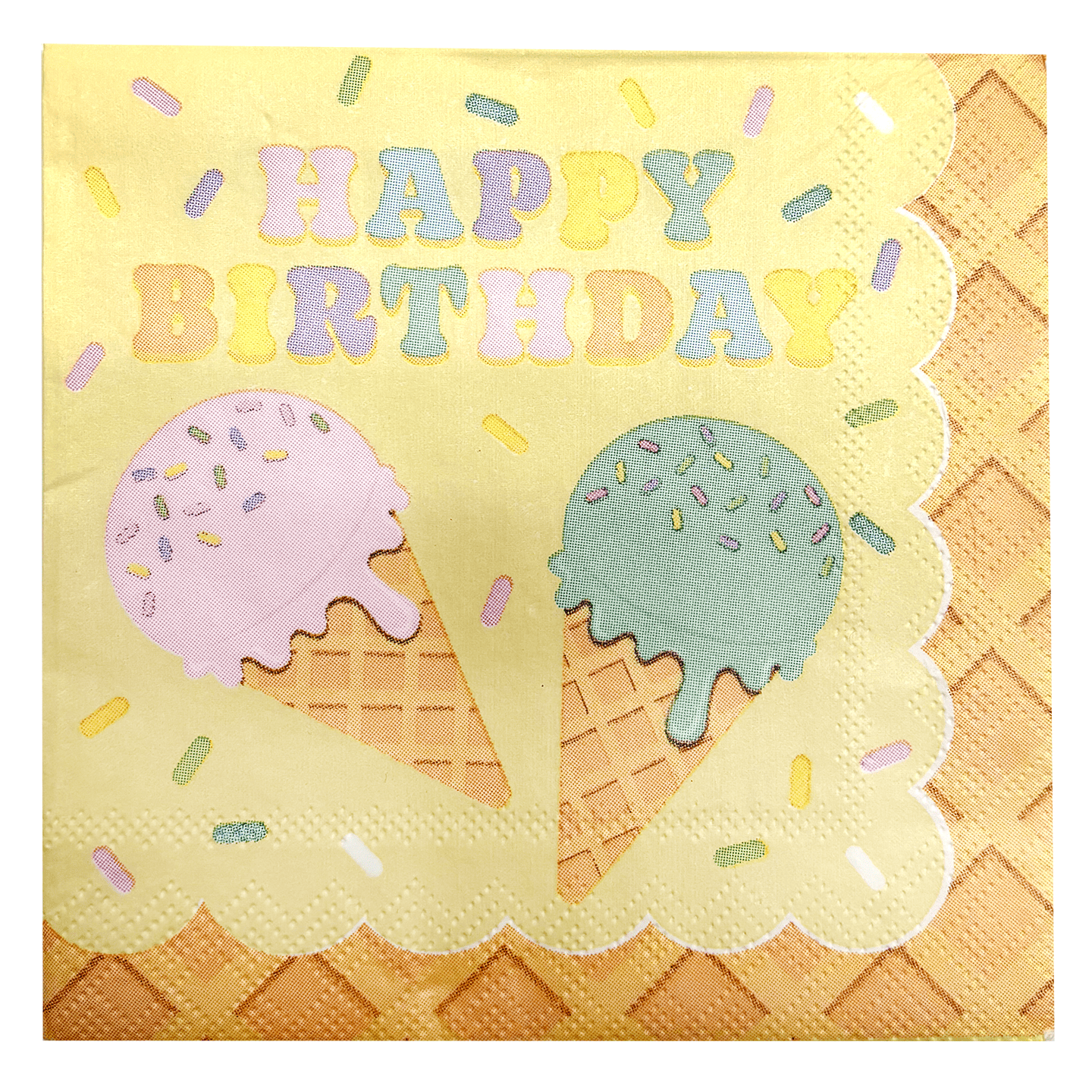 Happy Birthday ice cream-themed napkins by Party Partners, featuring colorful birthday cake and ice cream cone illustrations.
